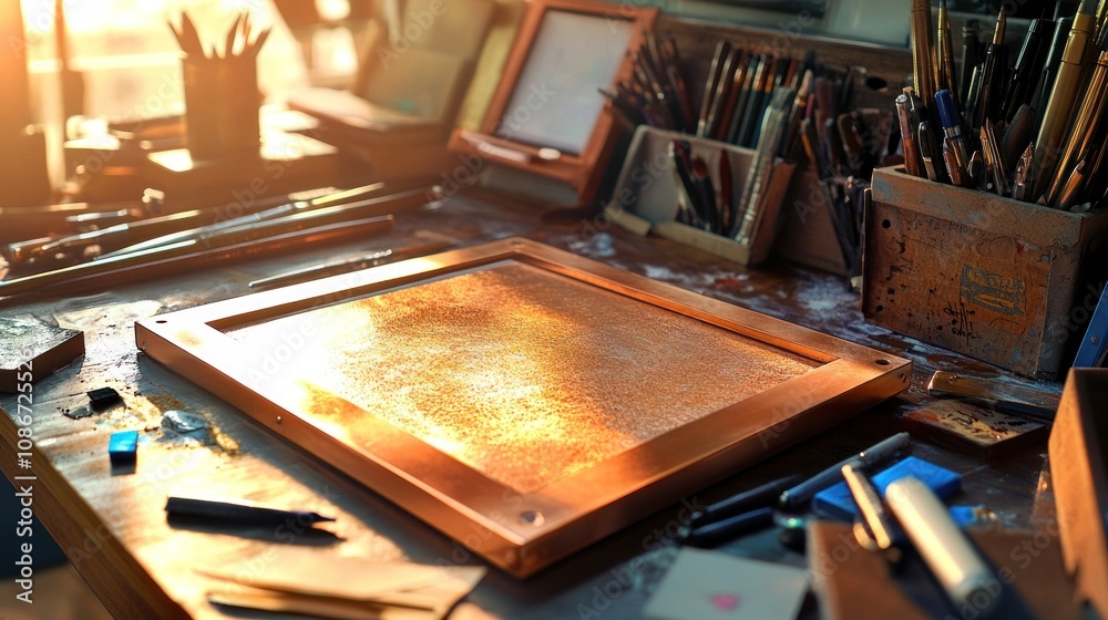 Poster a sunlit artist's workspace with tools and an empty frame ready for creation.