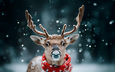Reindeer with a christmas scarf in the snow