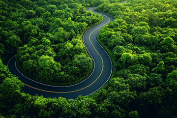 Aerial View of a Lush Green Forest with a Smoothly Winding Road