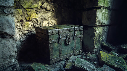 Ancient trustee’s chest locked tight in forgotten cavern, enigmatic feel, 8k, hyper realistic, real life based
