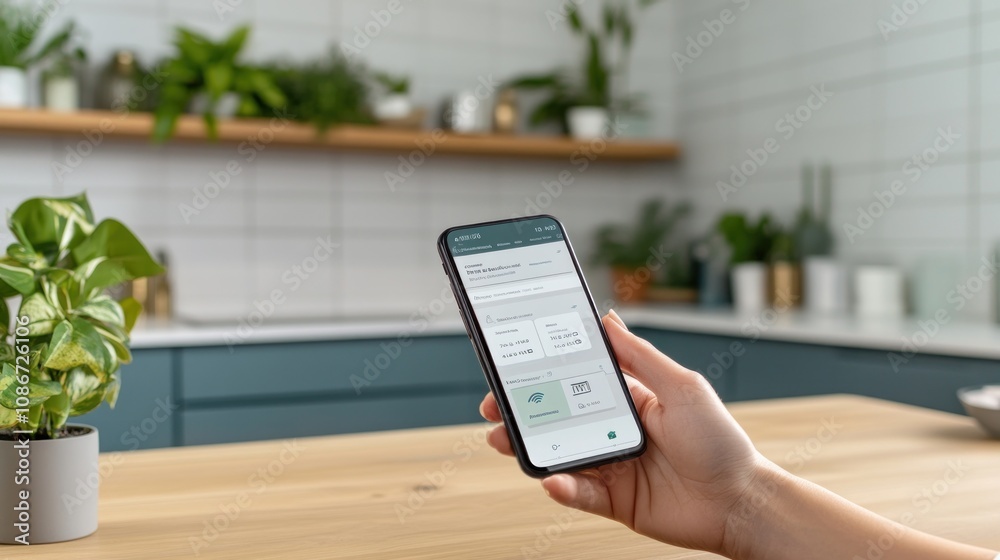 Poster a hand holding a smartphone displaying an app in a modern kitchen setting.