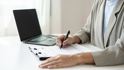 Business woman employer Check history resume hiring recruit looking cv resume to hire candidates, analyzing information before job interview. Recruitment concepts