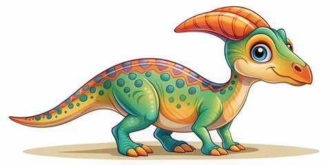 Fototapeta premium Adorable Cartoon Dinosaur Illustration of a Baby Parasaurolophus Perfect for Children's Prints and Decor with Ample Copy Space on White Background