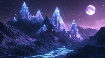 Surreal mountain range where the peaks are made of crystals, glowing softly in the moonlight with rivers of liquid silver flowing. 