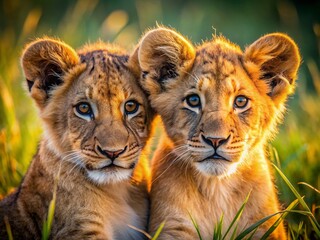 Fototapeta premium Adorable Close-Up of Playful Lion Cubs in Their Natural Habitat, Showcasing Their Soft Fur and Innocent Expressions with a Vibrant Background of African Grasslands