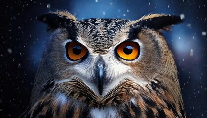 Obraz premium Close-up of owl's eyes through frosted glass in snowy weather 