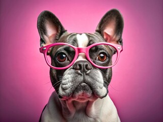 Fototapeta premium Adorable French Bulldog with Glasses on a Vibrant Pink Background Perfect for Pet Lovers and Fun Product Photography