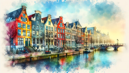 Fototapeta premium City canal view in watercolor painting 