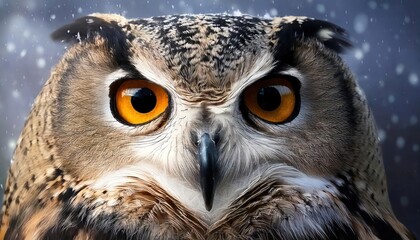 Obraz premium Close-up of owl's eyes through frosted glass in snowy weather 