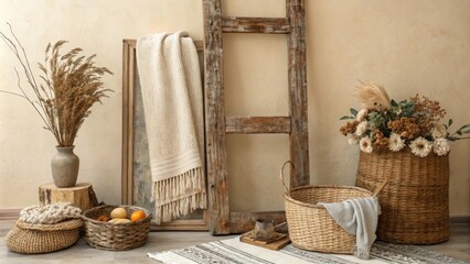 Cozy rustic decor featuring natural elements and textures