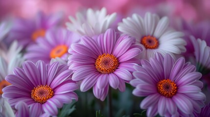 Obraz premium a bunch of purple and white flowers with orange centers