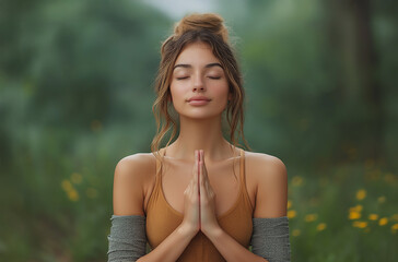 Young beautiful woman model meditates and prays. Sitting in a yoga position. Nature green background.