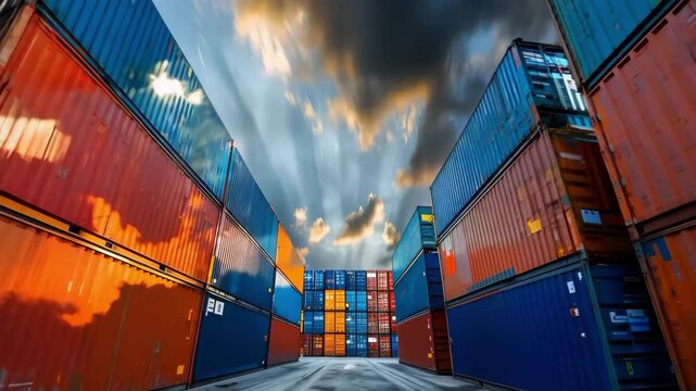 A towering arrangement of colorful shipping containers under a dramatic sky, creating a vivid industrial landscape.