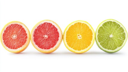 Colorful citrus slices lined up, displaying vibrant red grapefruit, yellow orange, and green lime halves.
