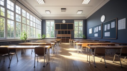 Bright and spacious classroom with wooden desks, large windows, and educational materials for a warm learning atmosphere.