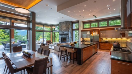 Modern Kitchen and Dining Room with Forest Views