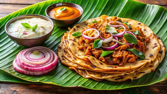 Kothu Parotta Delight - Captivating Portrait of Tamil Nadu's Famous Street Food with Chicken Gravy, Onion Curd Raita, and Veechu Parotta on Banana Leaf