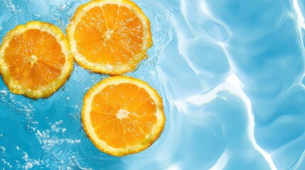 Three vibrant orange slices floating in clear blue water, creating a refreshing summer vibe.