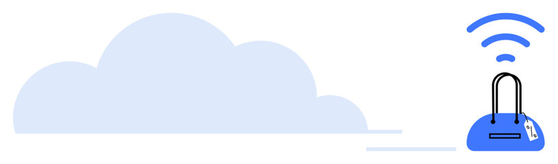 Cloud with lines indicating movement, blue padlock with tag, and wireless signal above it. Ideal for data security, cloud computing, network protection, online privacy, cybersecurity, data storage