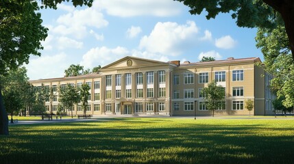 A modern academic building surrounded by lush greenery and clear skies, creating an inviting educational atmosphere.