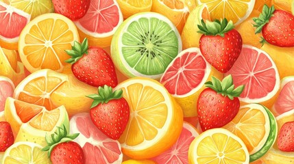 A vibrant assortment of fresh strawberries, lemons, limes, and grapefruits, creating a colorful and refreshing fruit medley.