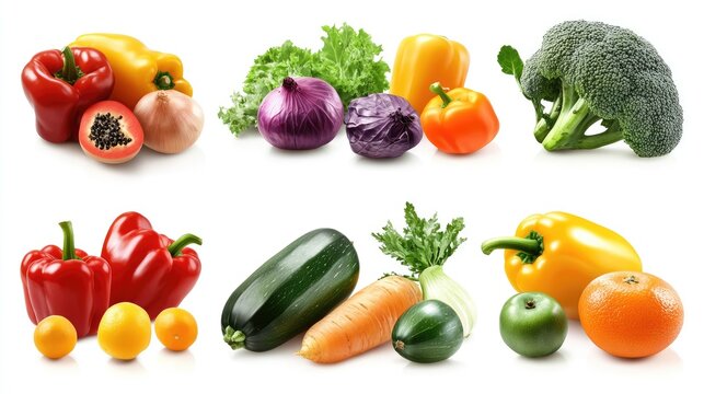 A vibrant display of fresh vegetables and fruits, including peppers, broccoli, and citrus, showcasing a healthy lifestyle.