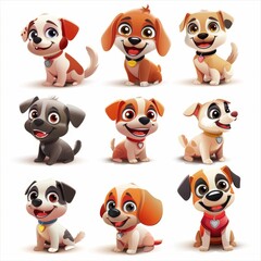 Obraz premium Cute funny cartoon dogs, 3d realistic puppy pet pictogram, dogs set on white background