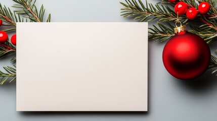 White card with a red ornament on top of it. The card is empty and the ornament is a red ball. The card and ornament are placed on a grey surface