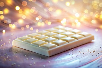 On an ethereal background, a surreal white chocolate bar captivates with heavenly dessert delights, showcasing gourmet treats through a minimalist lens of fantasy food art.