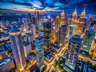 Fototapeta premium Aerial Photography of Skyscrapers Illuminated at Night with a Dark Blue Sky, Highlighting Modern Architecture and Vibrant City Lights in a Bustling Urban Landscape