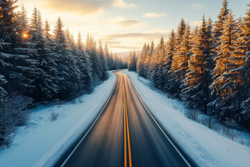 Winter Road Curving Through a Snowy Forest with Warm Glow of Sunset