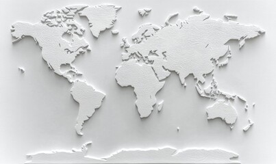 White Relief World Map on Textured Background, Symbolizing Global Connectivity, Geography, and World Exploration in a Minimalistic Style