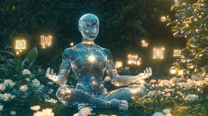 Transparent humanoid robot meditating in a tranquil garden, with glowing flowers and floating digital symbols around. 
