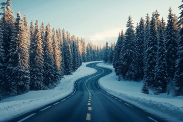 Fototapeta premium Winter Road Curving Through a Snowy Forest with Warm Glow of Sunset
