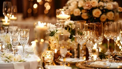 An elegant table setting with crystal glasses, candles, and white floral centerpieces, creating a warm and luxurious ambiance for an event.

