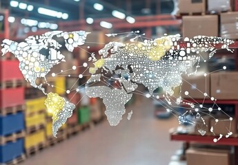 Abstract Digital World Map with Geometric Patterns Overlaying a Modern Warehouse Interior Featuring Colorful Storage Boxes and Logistics Elements