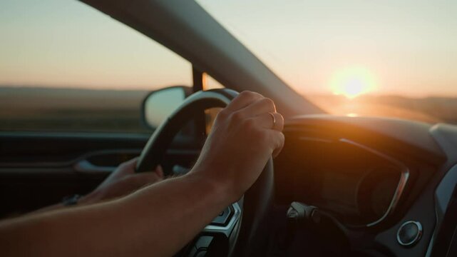 Male driver driving car, inside view. Man driving car on highway road at sunrise. Close-up of driver hands turning steering wheel