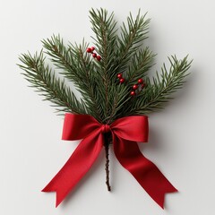 A beautifully arranged Christmas sprig featuring lush pine, vibrant red berries, and an elegant decorative bow