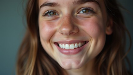 Fototapeta premium Women's teeth after braces. Orthodontist. Portrait of a woman with a beautiful smile