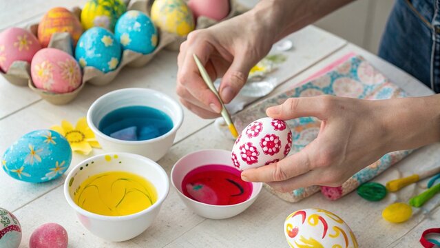 Easter egg decorating with vibrant colored dyes and artistic patterns for festive celebrations