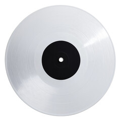 Close up view of a vintage vinyl record showcasing its glossy white surface and black center, isolated on transparent background.