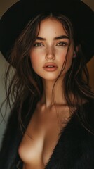 Portrait of smiling beautiful young girl with perfect glowing skin and bare shoulders on blue studio background. Beautiful natural woman looking at camera