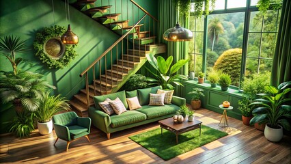 Aerial view of a serene green room featuring a plush couch and an elegant staircase, highlighting a cozy and inviting atmosphere with lush greenery and soft lighting.