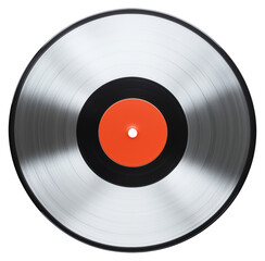 Close up view of a vintage vinyl record with an orange center label isolated on transparent background.