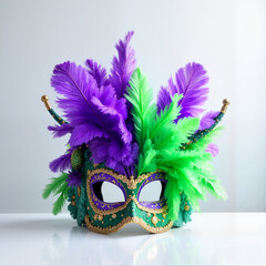 Colorful Mardi Gras mask with purple and green feathers, festive decor