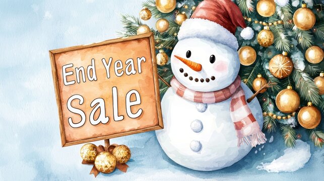 Christmas-themed end-year sale concept. A cheerful snowman beside a Christmas tree, promoting an end-of-year sale with festive decorations and snow