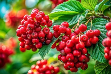 Aerial View of a Vibrant Cluster of Ripe Red Berries Surrounded by Lush Green Leaves Captured in Nature's Splendor