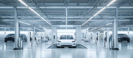 Obraz premium Angular white electric vehicles charging