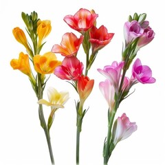 Fototapeta premium Color freesia flowers isolated, freesia buds set, blossoms collection on white background