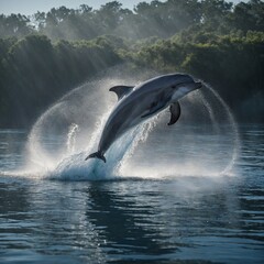 Obraz premium A dolphin spiraling through the air as sparkling mist trails behind.